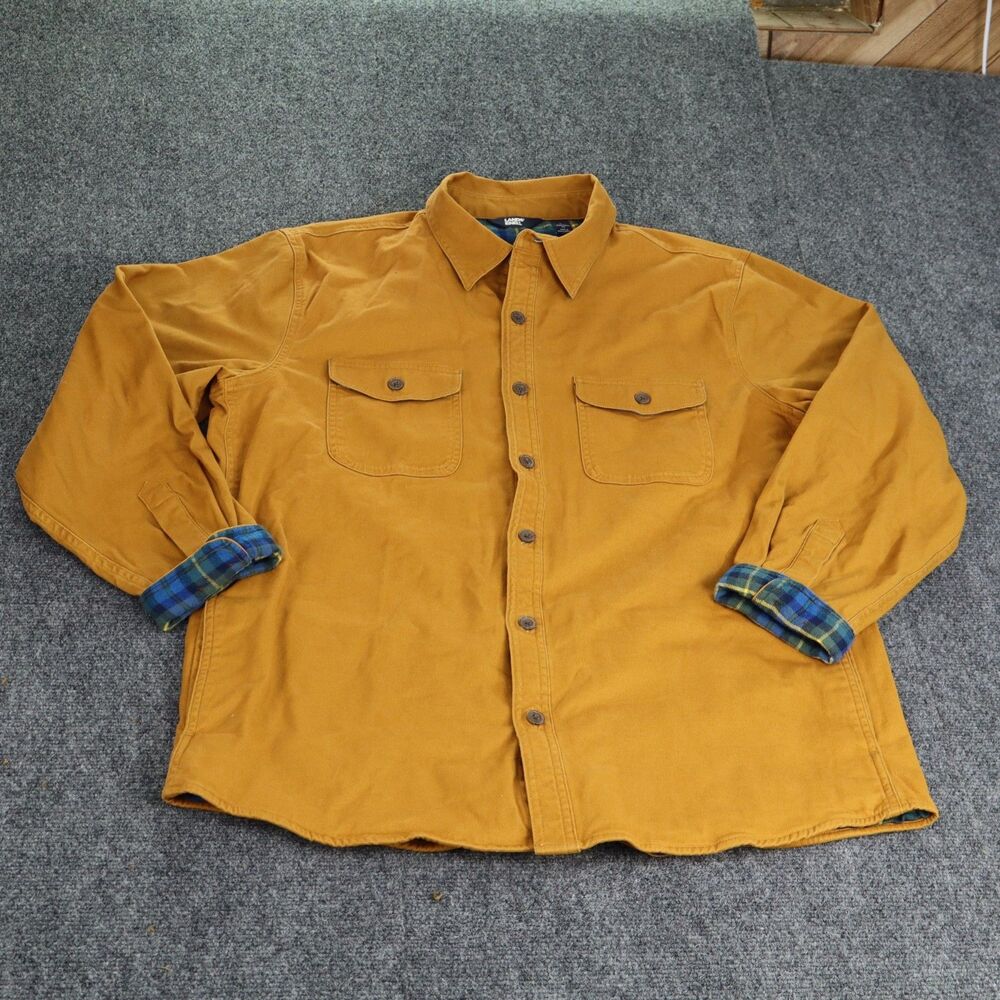 Lands End Shirt Jacket Men Large Tan Plaid Flannel Lined Double Pocket Chore